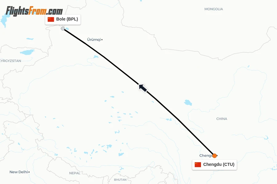 Flights from Chengdu to Bole route map