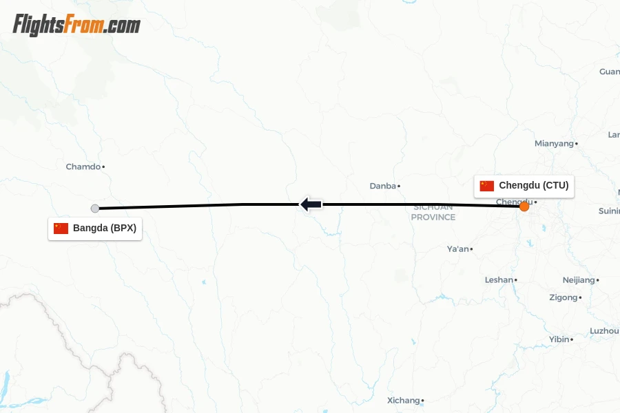 Flights from Chengdu to Bangda route map