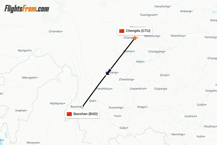 Flights from Chengdu to Baoshan route map