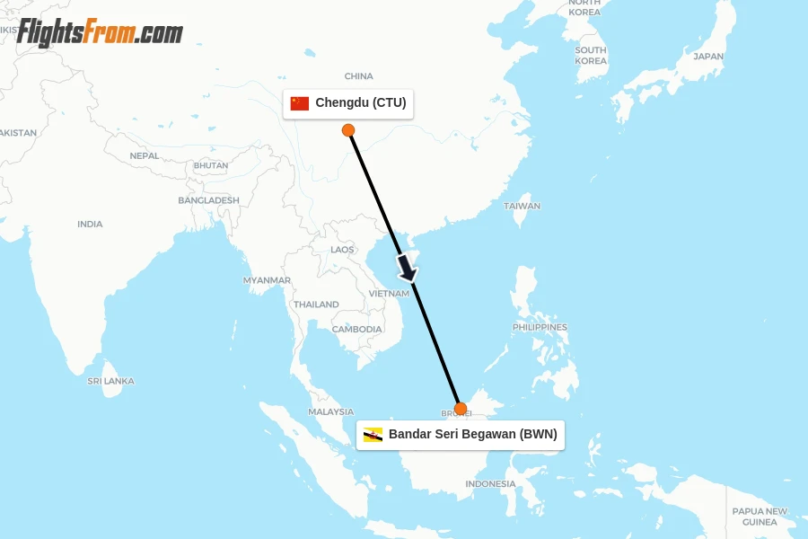 Flights from Chengdu to Bandar Seri Begawan route map