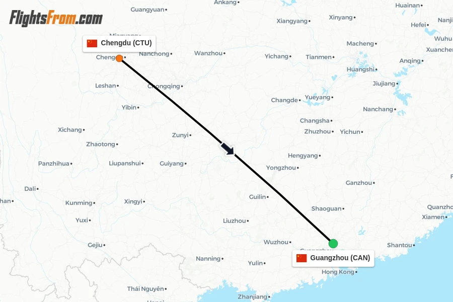 Flights from Chengdu to Guangzhou route map