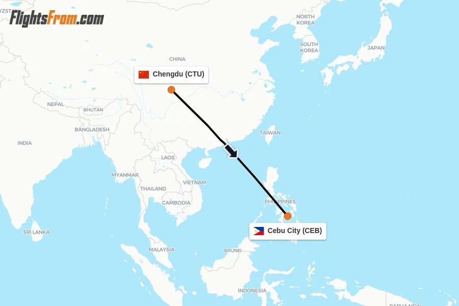 Flights from Chengdu to Cebu City route map