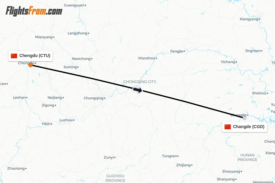Flights from Chengdu to Changde route map