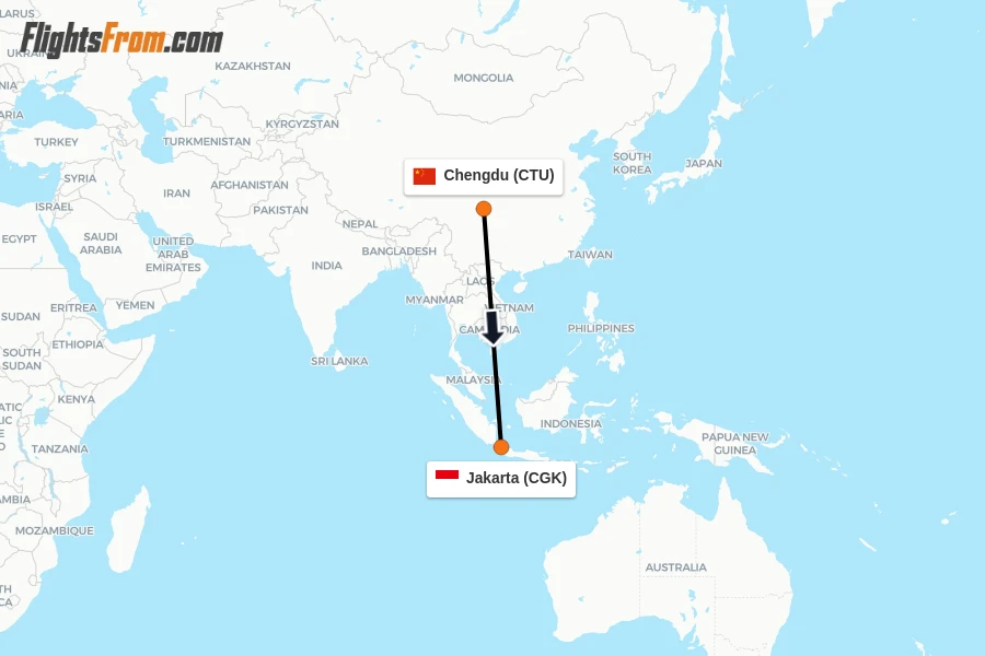 Flights from Chengdu to Jakarta route map