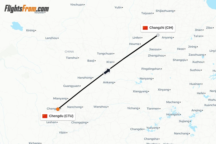 Flights from Chengdu to Changzhi route map