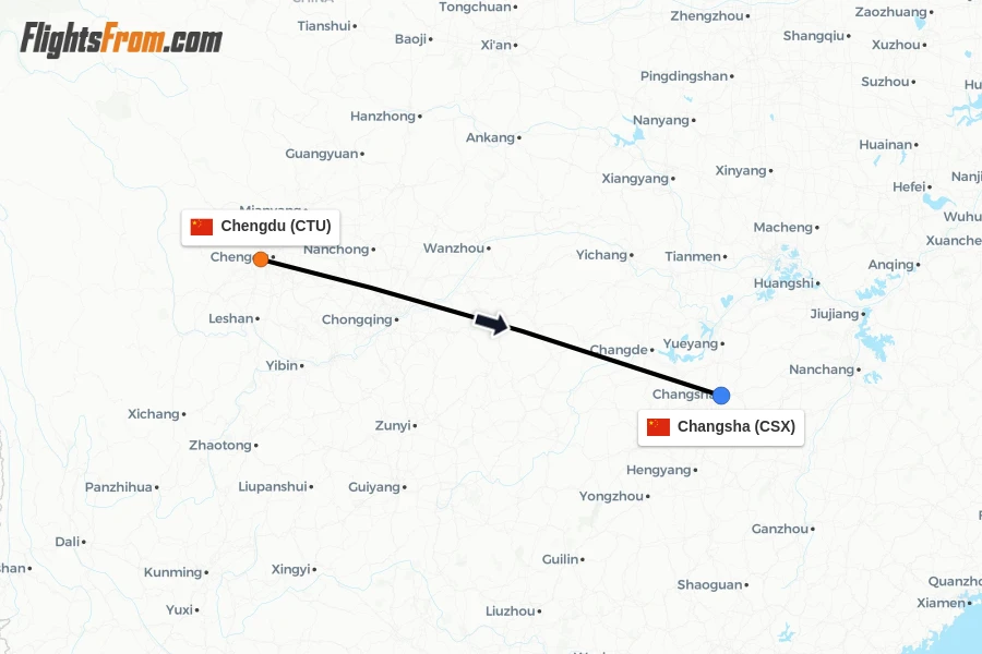 Flights from Chengdu to Changsha route map