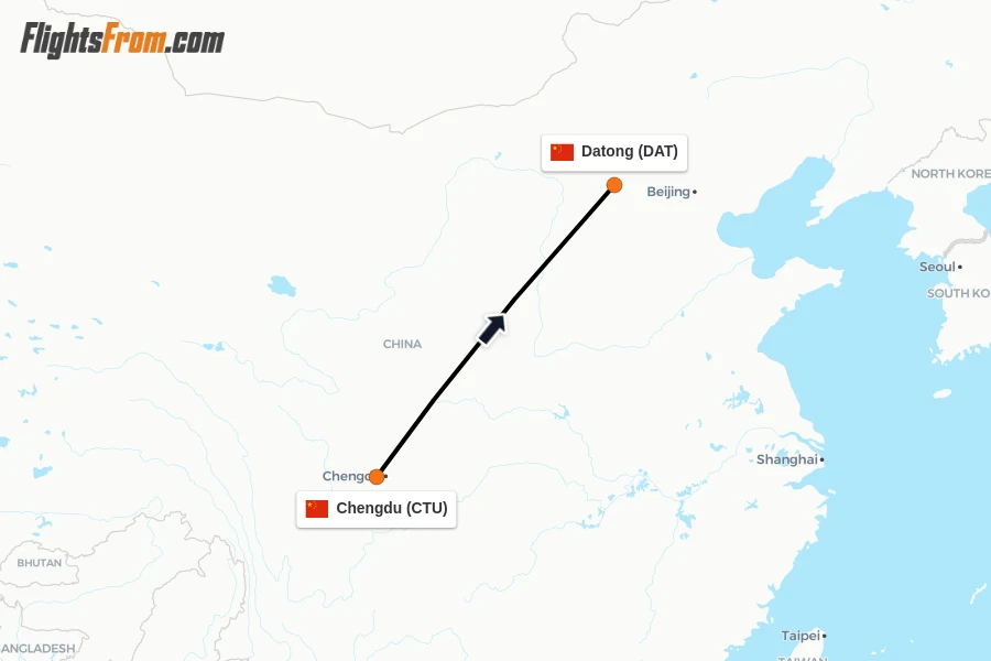 Flights from Chengdu to Datong route map