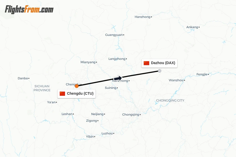 Flights from Chengdu to Dazhou route map