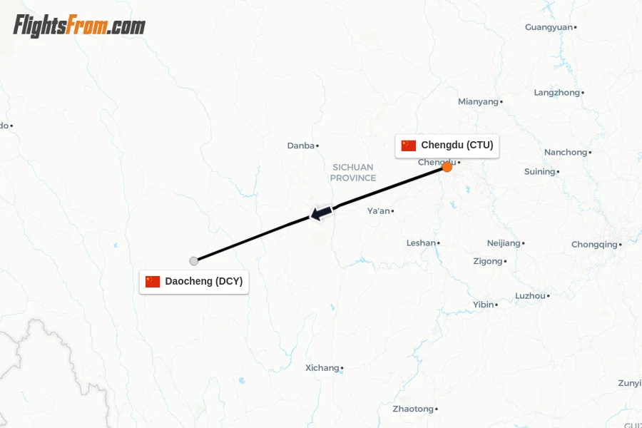 Flights from Chengdu to Daocheng route map