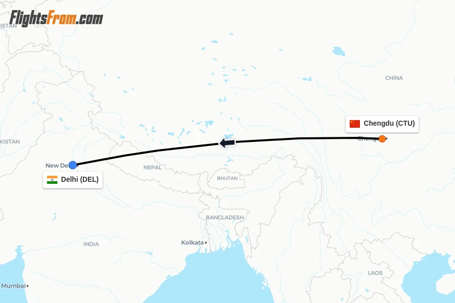 Flights from Chengdu to Delhi route map
