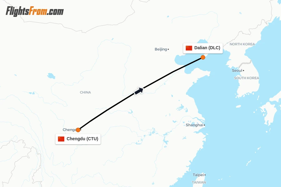 Flights from Chengdu to Dalian route map