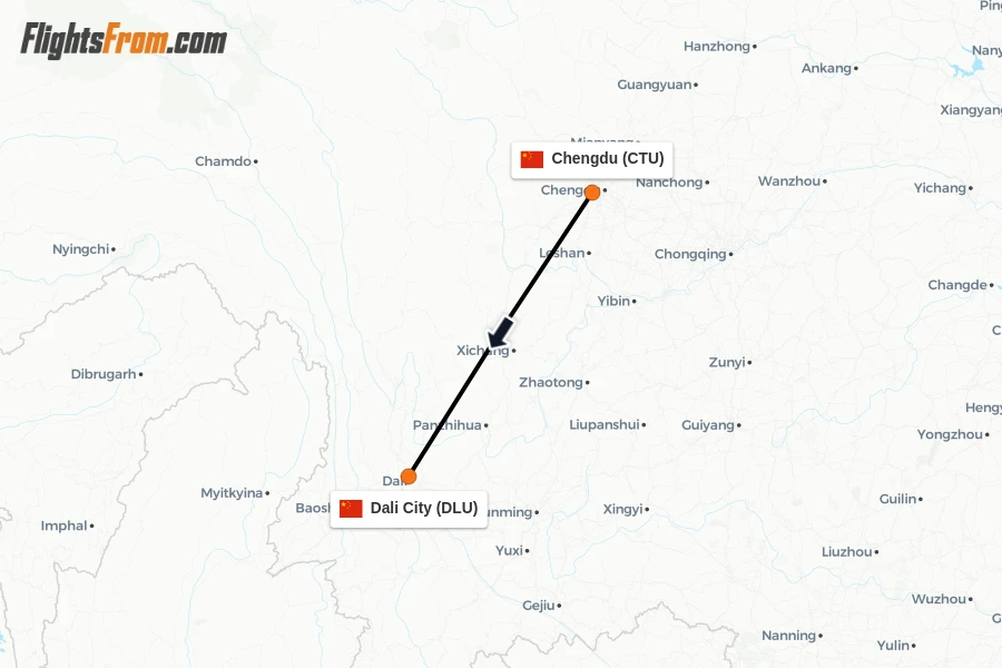 Flights from Chengdu to Dali City route map
