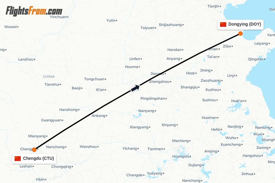 Flights from Chengdu to Dongying route map