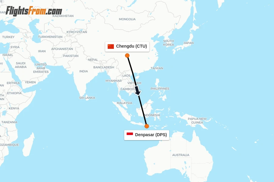Flights from Chengdu to Denpasar route map