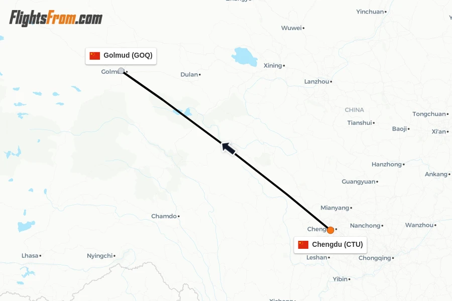Flights from Chengdu to Golmud route map