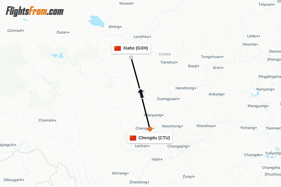 Flights from Chengdu to Xiahe route map