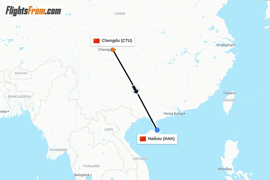 Flights from Chengdu to Haikou route map
