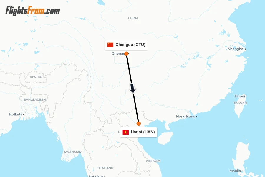 Flights from Chengdu to Hanoi route map