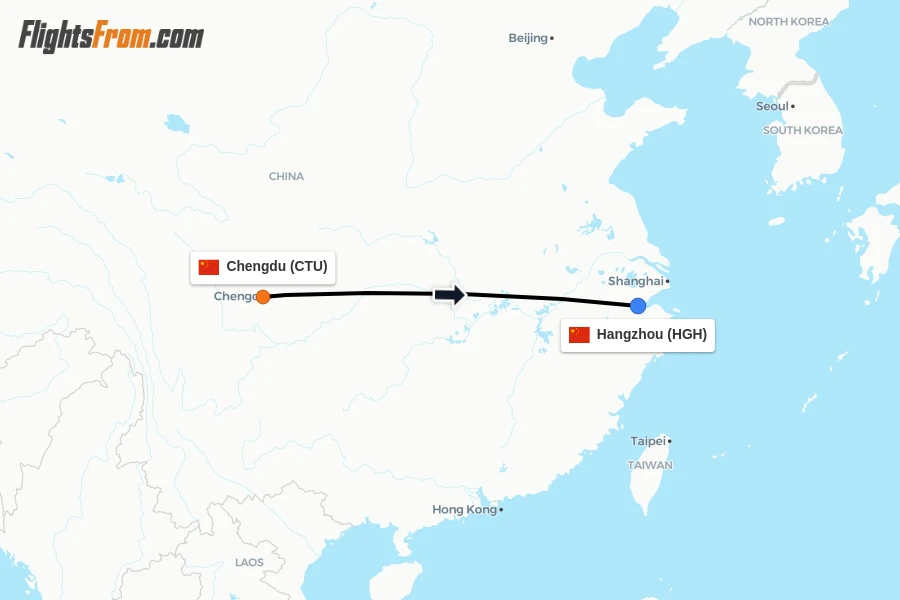 Flights from Chengdu to Hangzhou route map