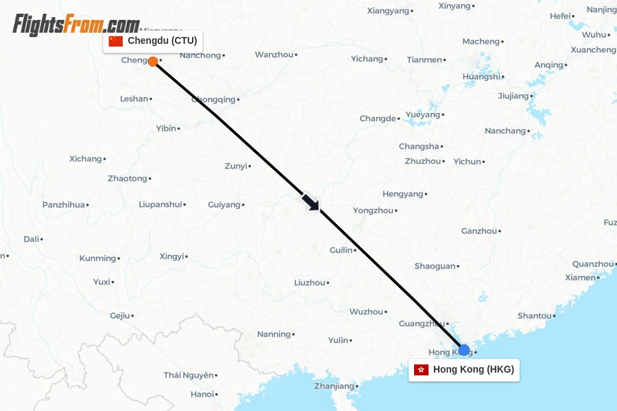 Flights from Chengdu to Hong Kong route map