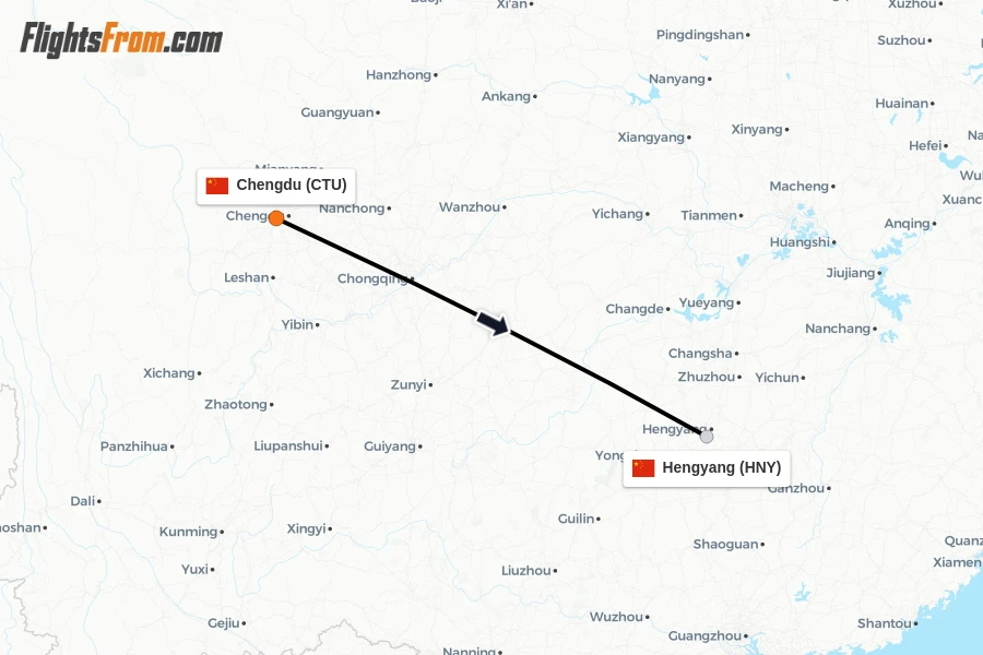Flights from Chengdu to Hengyang route map