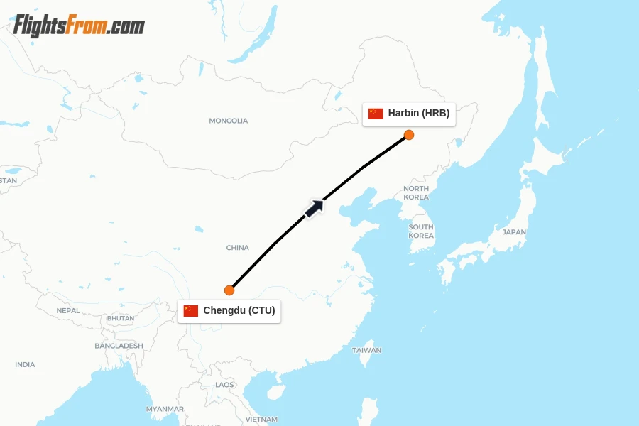 Flights from Chengdu to Harbin route map