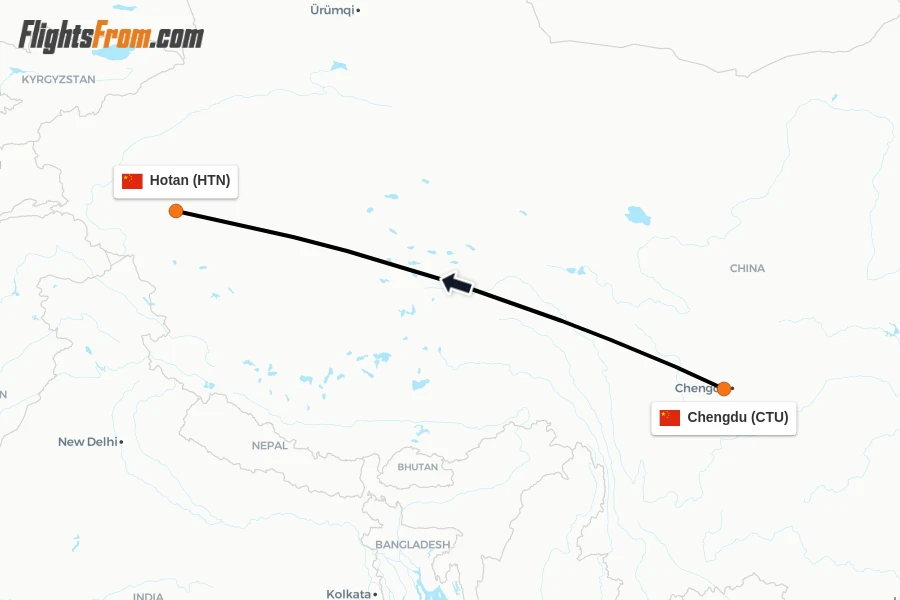 Flights from Chengdu to Hotan route map