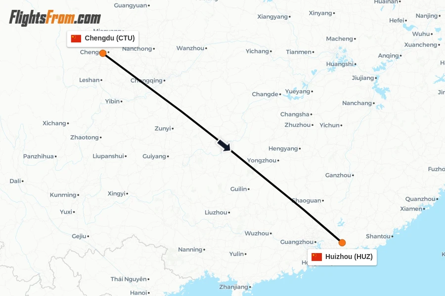 Flights from Chengdu to Huizhou route map