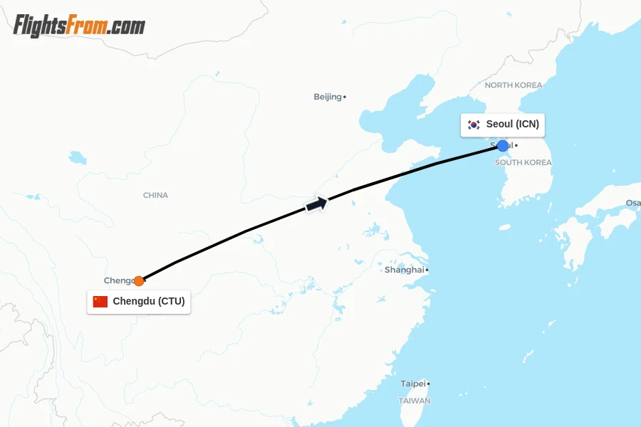 Flights from Chengdu to Seoul route map
