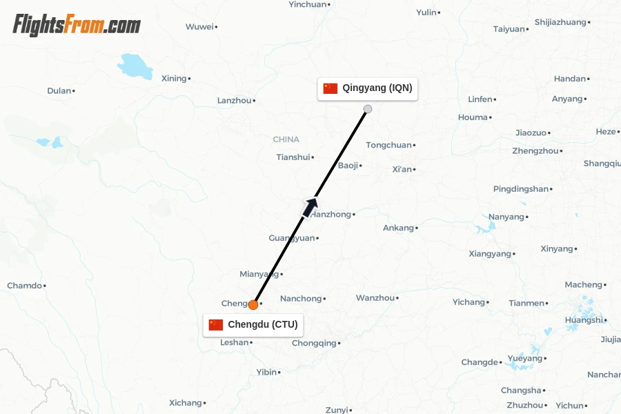 Flights from Chengdu to Qingyang route map