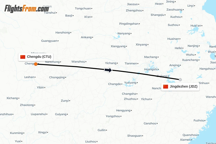 Flights from Chengdu to Jingdezhen route map