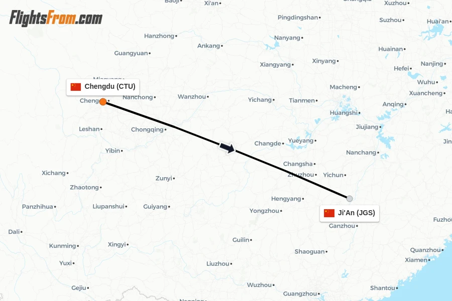 Flights from Chengdu to Ji'An route map