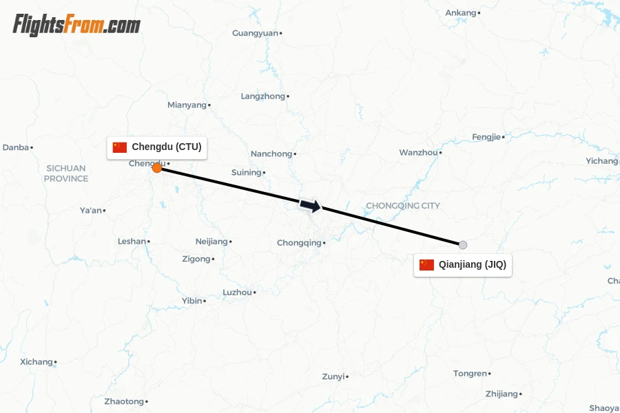 Flights from Chengdu to Qianjiang route map