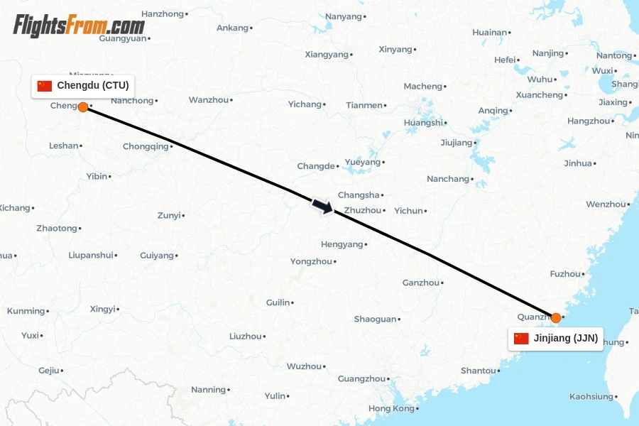 Flights from Chengdu to Jinjiang route map