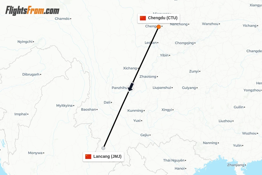 Flights from Chengdu to Lancang route map