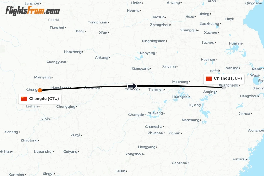 Flights from Chengdu to Chizhou route map