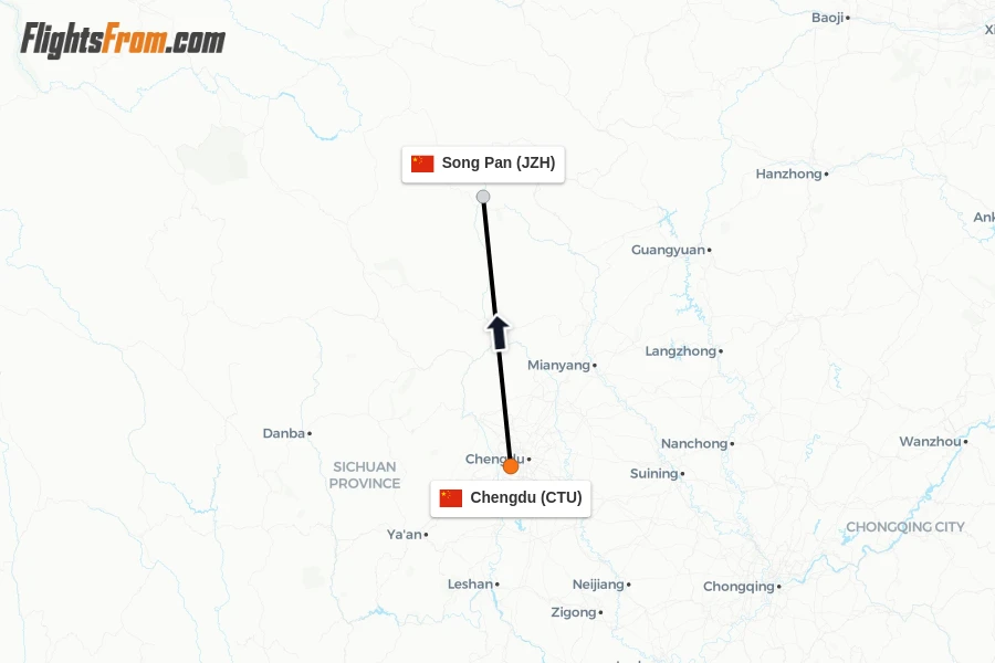 Flights from Chengdu to Song Pan route map