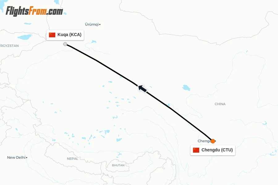 Flights from Chengdu to Kuqa route map