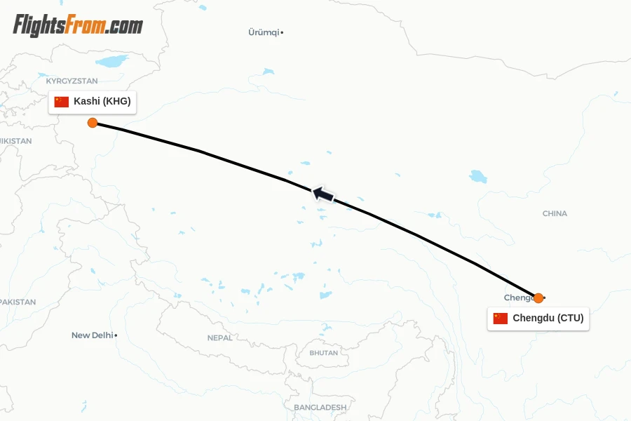 Flights from Chengdu to Kashi route map