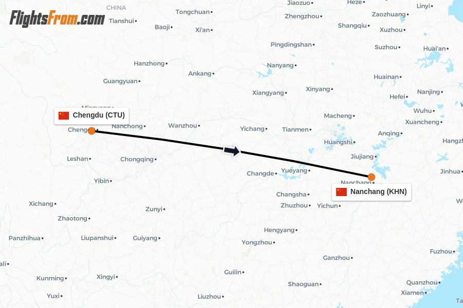 Flights from Chengdu to Nanchang route map