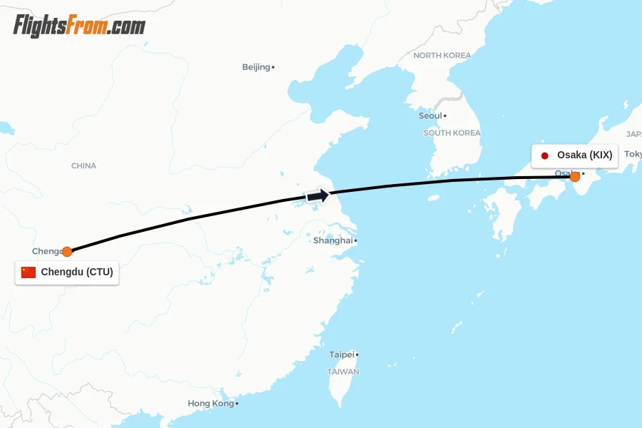 Flights from Chengdu to Osaka route map