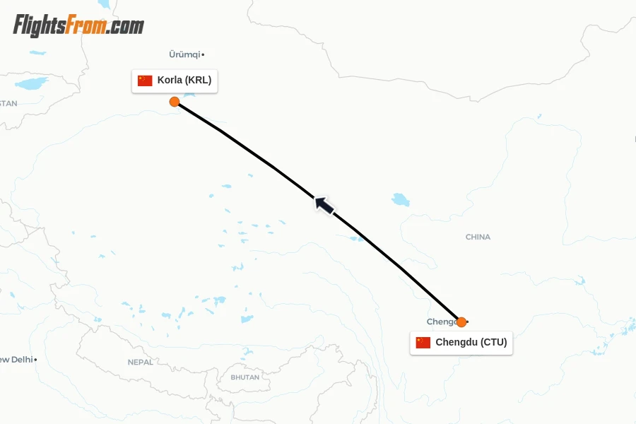 Flights from Chengdu to Korla route map