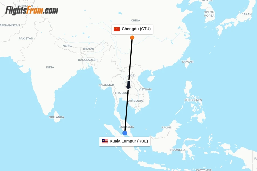 Flights from Chengdu to Kuala Lumpur route map