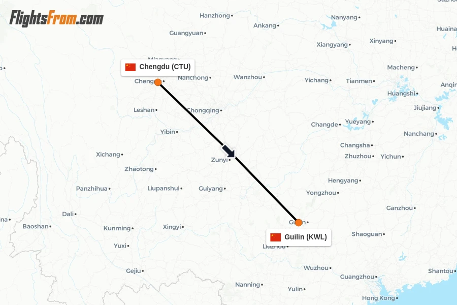 Flights from Chengdu to Guilin route map