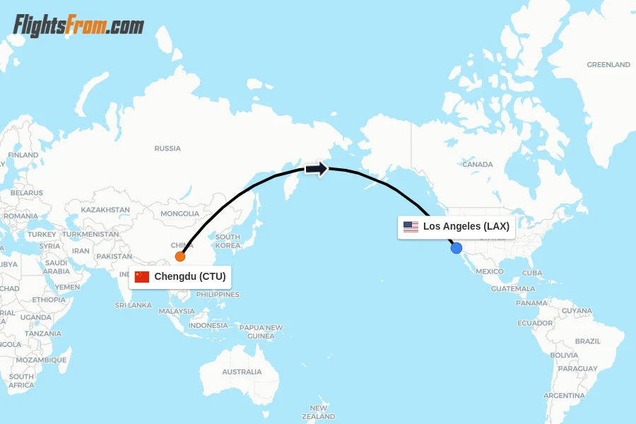 Flights from Chengdu to Los Angeles route map