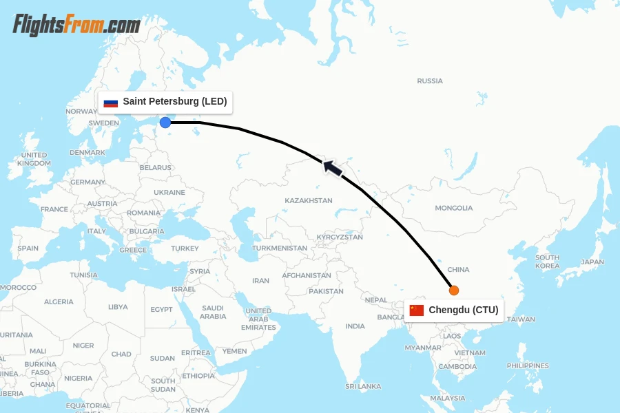 Flights from Chengdu to Saint Petersburg route map