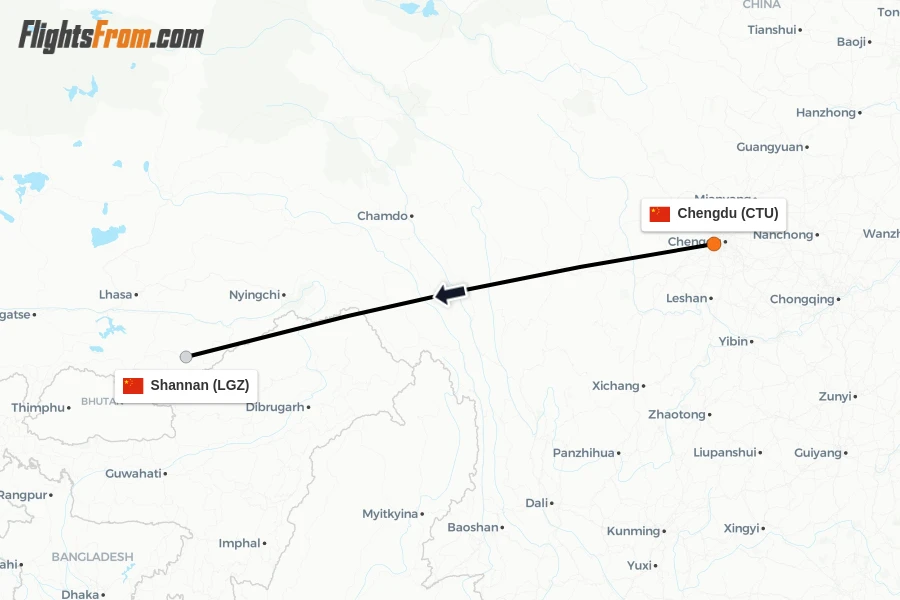 Flights from Chengdu to Shannan route map