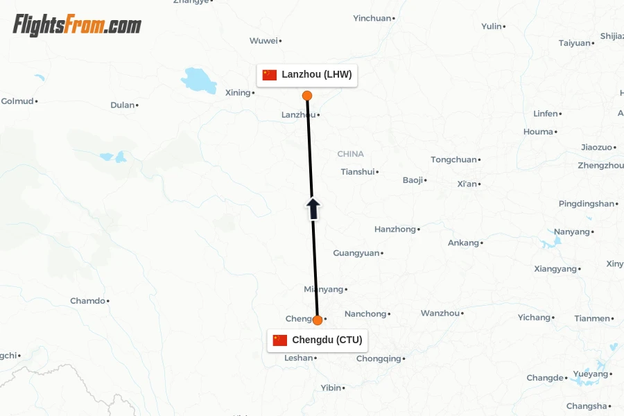 Flights from Chengdu to Lanzhou route map