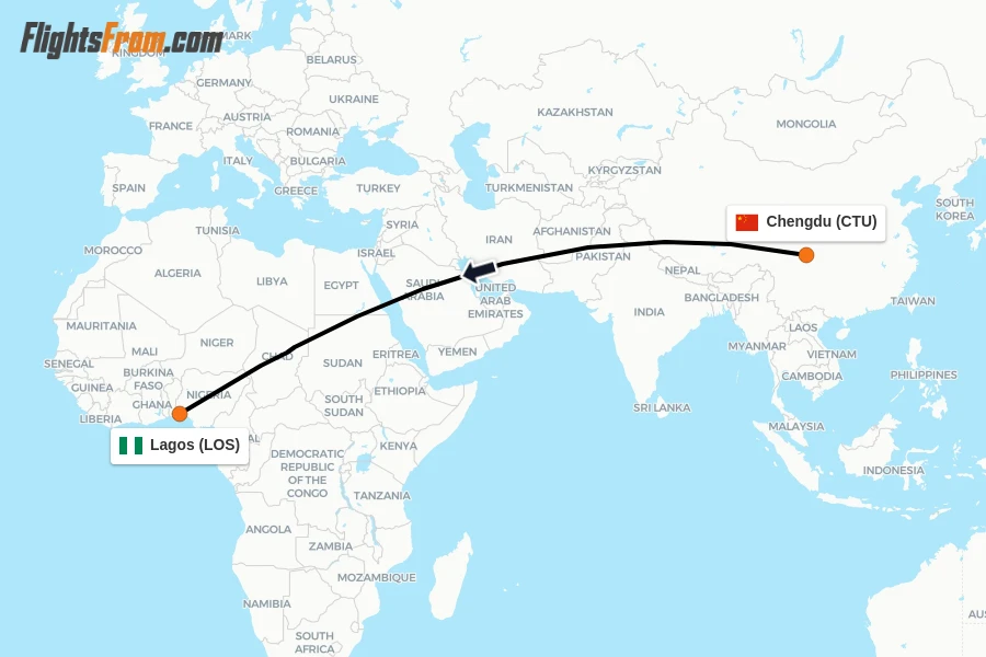 Flights from Chengdu to Lagos route map