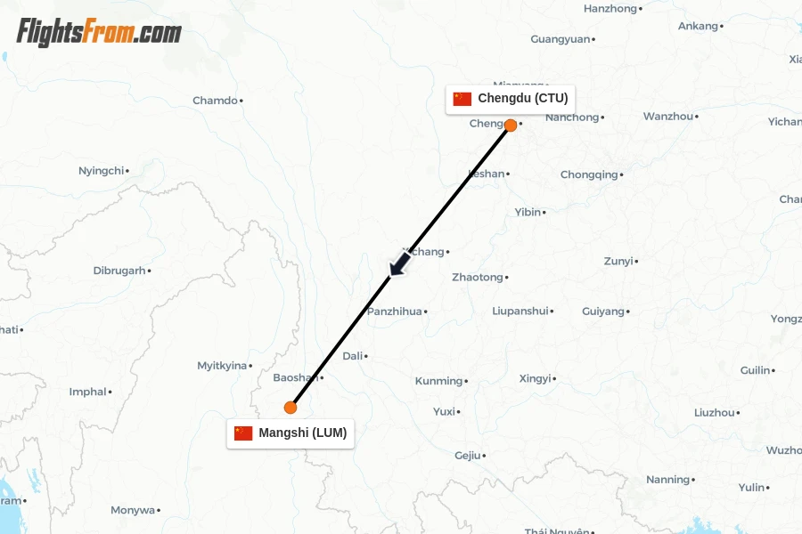 Flights from Chengdu to Mangshi route map